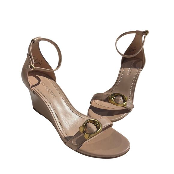 Coach Odetta Nude Leather Wedge Sandal Ankle Wrap 9 - Picture 1 of 11